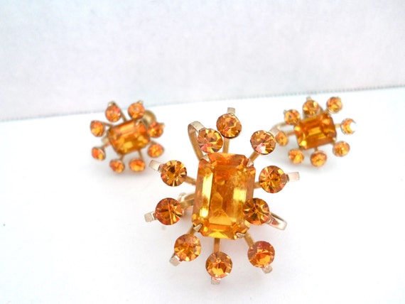 Vintage Coro Amber Rhinestone Brooch And Earring … - image 1