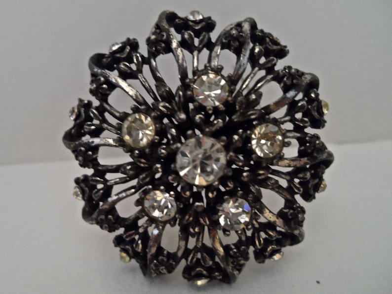Vintage Coro Rhinestone Brooch Antiqued Silver Tone Metal Rhinestone Flower Brooch Signed Vintage Jewelry