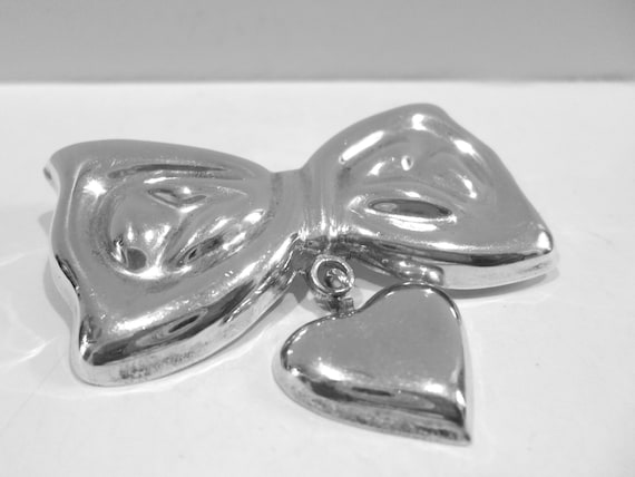 Vintage Sterling Silver Bow and Heart Brooch Pend… - image 1