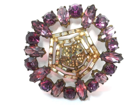 Large Vintage Purple Rhinestone Pot Metal Brooch … - image 1