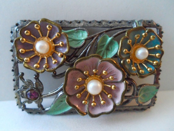 Vintage 1930s Enamel and Faux Pearl Flower Brooch… - image 2