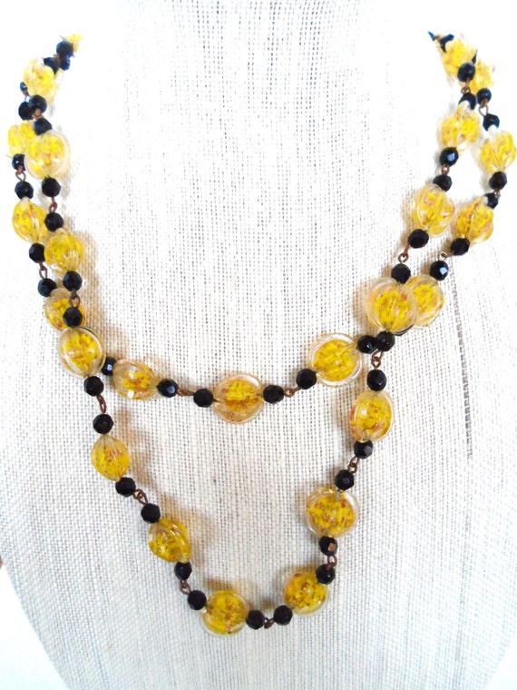 Yellow and Black Lampwork Bead Crystal Bead Neckl… - image 5