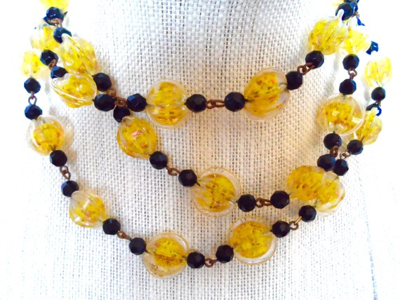 Yellow and Black Lampwork Bead Crystal Bead Neckl… - image 1