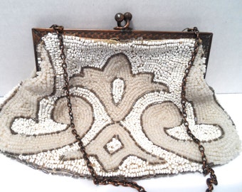 Art Deco Hand Beaded Made In France Ivory Beaded Evening Purse Wedding Purse 1920s Beaded Bag