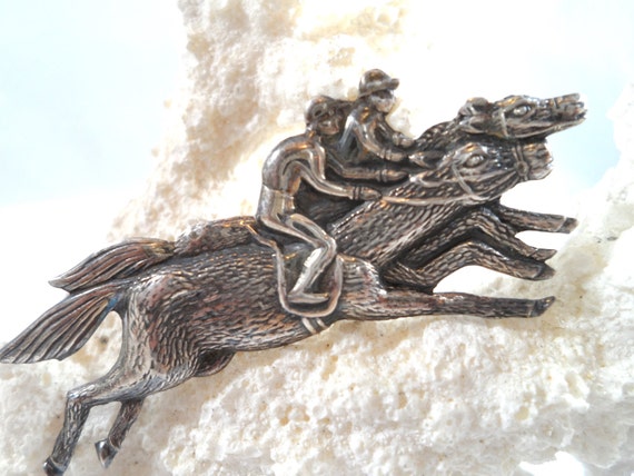 Vintage Sterling Silver Horse and Jockey Brooch R… - image 1
