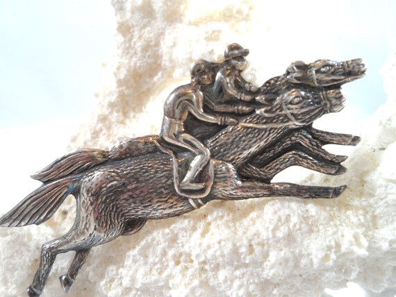 Vintage Sterling Silver Horse and Jockey Brooch R… - image 1