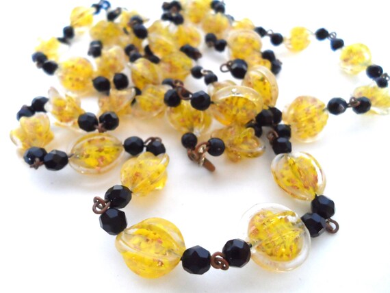 Yellow and Black Lampwork Bead Crystal Bead Neckl… - image 3