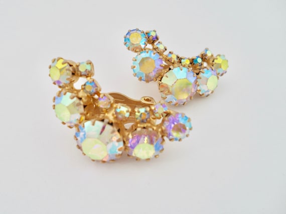 vintage Amber Glass Aurora Borealis Rhinestone Clip Earrings Signed Designer Earrings Ear Climbers