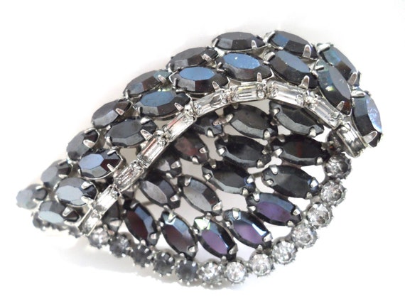 Vintage Gunmetal Gray and Clear Rhinestone Leaf B… - image 1