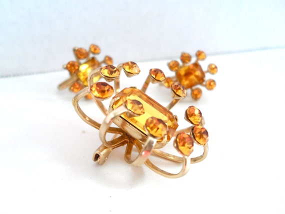 Vintage Coro Amber Rhinestone Brooch And Earring … - image 3