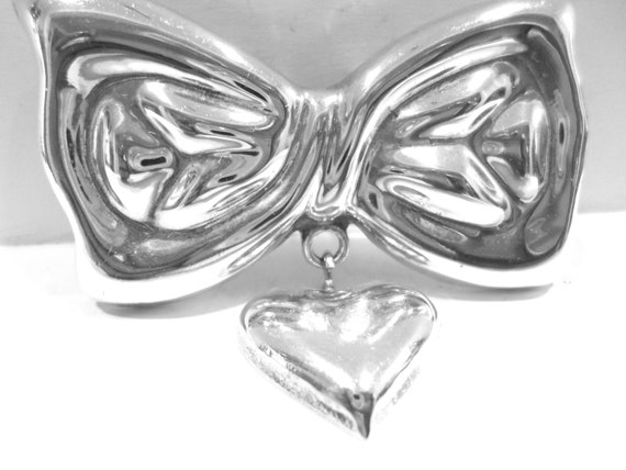 Vintage Sterling Silver Bow and Heart Brooch Pend… - image 3