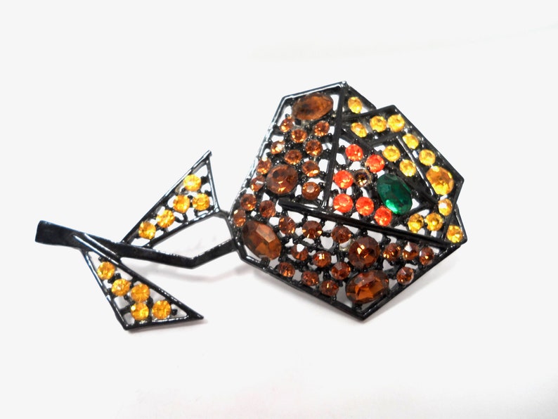 Vintage Art Rhinestone Flower Brooch Pin Large Cubist Style Japanned Art Deco Style 1950s Art Jewelry Multi Colored Rhinestone Brooch