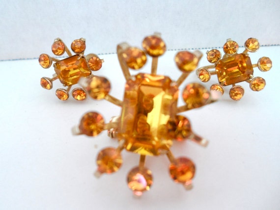 Vintage Coro Amber Rhinestone Brooch And Earring … - image 2