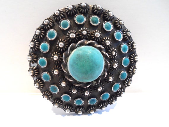 Vintage Sterling Silver And Turquoise Pendant Brooch Taxco - Silver Turquoise Pendant Brooch