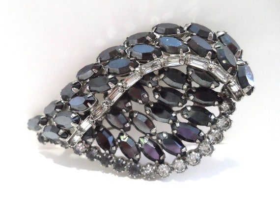 Vintage Gunmetal Gray and Clear Rhinestone Leaf B… - image 2