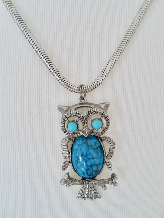 Vintage Owl Pendant Necklace Silver Tone and Faux 