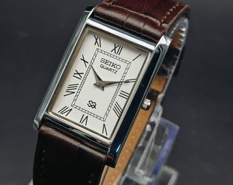 Vintage Seiko Slim Tank Quarzuhr, weißes Zifferblatt, Dressy japan Made
