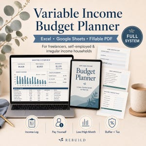 Op de afbeelding: Een budgetplanner-systeem voor variabel inkomen weergegeven op een laptop- en tabletscherm, vergezeld van geprinte planningsbladen. De digitale interface toont financiële grafieken, maandelijkse overzichten en budgettabellen. Iconen voor inkomstenlogboeken, jezelf uitbetalen, lage/hoge maanden en buffer plus belasting zijn inbegrepen.
