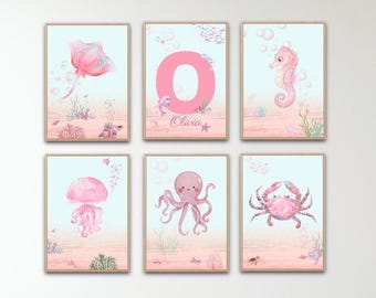 Pink Ocean Nursery Wall Art Set of 6, Personalized Sea Animal Prints, Mermaid Nursery Decor, Coastal Baby Girl Room, Under The Sea Wall Art