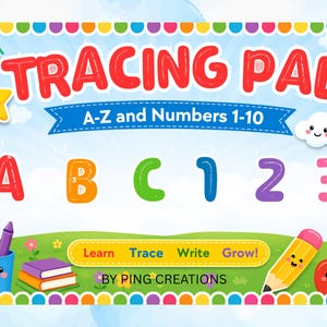 Puede incluir: Un bloc de caligrafía educativo y colorido con el texto TRACING PAD A-Z and Numbers 1-10. El diseño incluye las letras A, B, C y los números 1, 2, 3 en varios colores, una estrella sonriente, un arcoíris, un lápiz, una manzana y un portalápices.