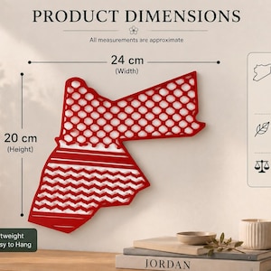 May include: A red 3D printed wall decoration shaped like the map of Jordan, featuring a white keffiyeh pattern. The item measures 24 cm in width and 20 cm in height. Text on the image includes Product Dimensions, 24 cm, 20 cm, and Jordan.