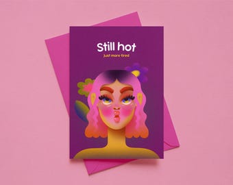 Nog steeds warm, gewoon meer moe Beste vriend verjaardagskaartsjabloon, bewerkbare canva-wenskaart, afdrukbare digitale kaart, gepersonaliseerd kaartontwerp