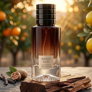 May include: A glass perfume bottle with a dark brown gradient, a black ribbed cap, and a label reading WHITE EUD EAU DE PARFUM 100ml / 3.4 FL OZ. The bottle rests on a piece of dark wood, accompanied by nutmeg and vanilla beans.