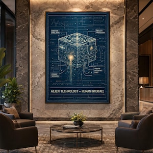 May include: A large rectangular wall art print featuring a dark blue technical blueprint of a complex cube device. The diagram includes labels such as Emotion Emulator, Reality Processor, Cosmic Sensors, Human Interface Port, and Alien Technology - Human Interface.