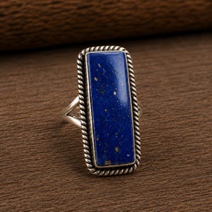 Natural Lapis Lazuli Sterling Silver Statement Ring, Boho Rope Bezel Rectangle Gemstone