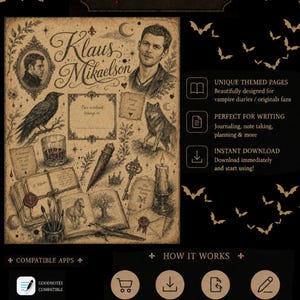 Op de afbeelding: Een digitaal notitieboeksjabloon getiteld The Originals met Klaus Mikaelson, een raaf, een wolf, een glas vloeistof, een dolk, een sleutel, een kaars en open boeken met waszegels. De achtergrond is zwart met kleine silhouetten van vleermuizen.