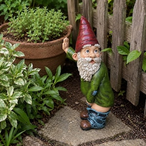 Puede incluir: Una figura de gnomo de jardín con un gorro rojo puntiagudo, una camisa verde de manga larga y pantalones azules bajados hasta los tobillos. El gnomo tiene una larga barba blanca, una expresión facial de sorpresa y una mano levantada.