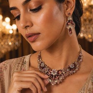 Può includere: Un set composto da collana e orecchini pendenti color oro con cristalli viola taglio marquise, pietre rotonde iridescenti più piccole e dettagli metallici floreali. Il set di gioielli presenta una disposizione simmetrica di gemme sfaccettate.
