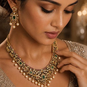 Gold Plated Brass Necklace Set with Earrings | Emerald Green & Ruby CZ Indian Bridal Jewelry | Wedding, Festive, Eid, Party Wear