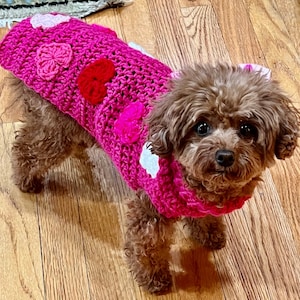 Pink Crochet Dog Sweater,  Handmade Dog Sweater, Custom Dog Sweater, Valentines Day Sweater, Personalized Dog Sweater, Heart Dog Sweater
