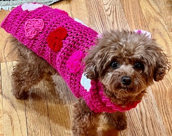 Pink Crochet Dog Sweater,  Handmade Dog Sweater, Custom Dog Sweater, Valentines Day Sweater, Personalized Dog Sweater, Heart Dog Sweater