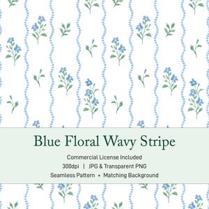 May include: A seamless pattern featuring vertical wavy light blue lines alternating with small blue flowers and green leaves on a white background. Text reads: Blue Floral Wavy Stripe, Commercial License Included, 300dpi | JPG & Transparent PNG, Seamless Pattern + Matching Background.