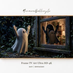 May include: A white ghost with raised arms floats outside a window, while its reflection appears in the glass. The scene is set in a dark, foliage-filled outdoor area at night, with a warm, dimly lit interior visible through the window pane.