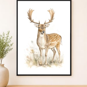 May include: A framed wall art print featuring a detailed watercolour illustration of a fallow deer with large, palmate antlers. The deer has a light brown coat with white spots, standing in a patch of soft, muted green and brown watercolour grass.