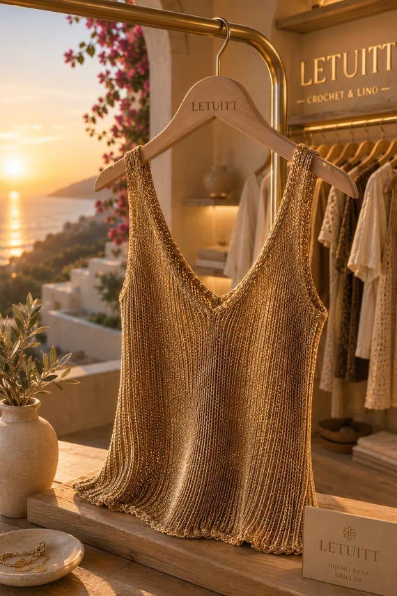 Gold Knit Tank Top for Women | Shimmer Sleeveless Summer Top | Metallic Knit Cami | Luxury Resort Wear | Ibiza Vacation Outfit | Elegant