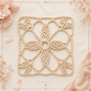 Puede incluir: Un motivo cuadrado de ganchillo en color beige que presenta un diseño floral central con ocho pétalos que irradian desde una abertura circular. El patrón está construido con hilo grueso, creando una estructura calada con bucles y puntos definidos.