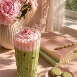 Puede incluir: Un vaso alto y estriado lleno de matcha helado cubierto con una capa gruesa de espuma rosa y una pequeña flor. Una pajita de vidrio transparente con un detalle de lazo rosa se encuentra en la bebida. Al lado hay dos macarons verdes y uno rosa.