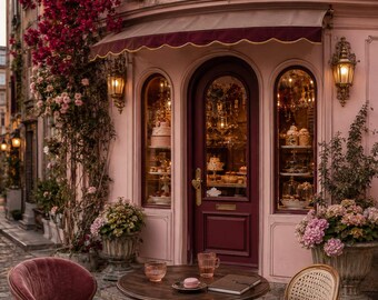 May include: A pink storefront with a dark red door and arched windows displaying cakes. A round wooden table with a pink macaron and a notebook sits between a pink velvet chair and a cane-back chair on a cobblestone street with flowers.