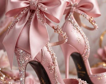 May include: A pair of light pink satin high-heeled pumps featuring large matching bows at the heels, ankle straps, and pointed toes. The shoes are embellished with intricate clear crystals, small white pearls, and floral accents. The brand name Maison Rose is printed on the black inner sole.