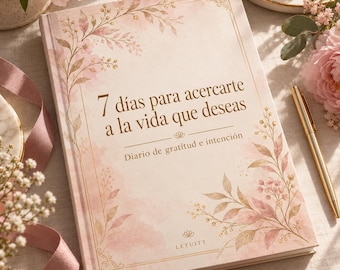 May include: A hardcover journal with a pale pink watercolor background and gold foil botanical illustrations. The cover text reads 7 días para acercarte a la vida que deseas, Diario de gratitud e intención, and the brand name LETUITT.