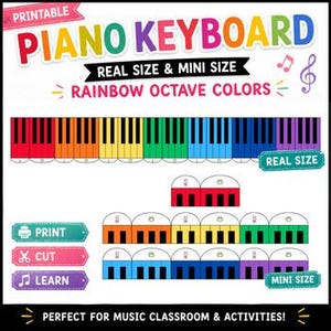 May include: A printable piano keyboard set featuring rainbow-colored keys in real and mini sizes. The text reads PRINTABLE PIANO KEYBOARD, REAL SIZE & MINI SIZE, RAINBOW OCTAVE COLORS, PRINT, CUT, LEARN, and PERFECT FOR MUSIC CLASSROOM & ACTIVITIES.