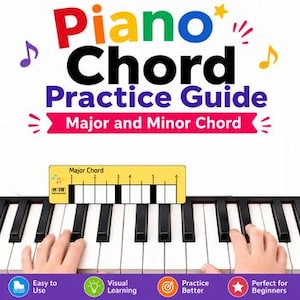 以下が含まれることがあります： Piano Chord Practice Guide Major and Minor Chordというテキストが書かれたピアノコード練習ガイド。番号が振られたピアノ鍵盤の図が描かれた黄色いインストラクションストリップが、白黒のピアノ鍵盤の上に配置されています。