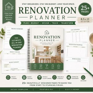 May include: A Renovation Planner spiral-bound book with 25+ pages measuring 8.5 x 11 inches. The cover features a kitchen interior photo and text including "Stay organized. Stay on budget. Love your space." Interior pages include project overview, cost comparison, renovation priorities, room planner, and budget summary templates.