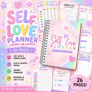 Może przedstawiać: Spiralny planer Self Love Planner z pastelowo-różową okładką ozdobioną sercami i gwiazdkami. Zawiera 26 stron z sekcjami na rejestr wody, listę nastrojów, plan tygodniowy, refleksje oraz listę zadań związanych z dbaniem o siebie.