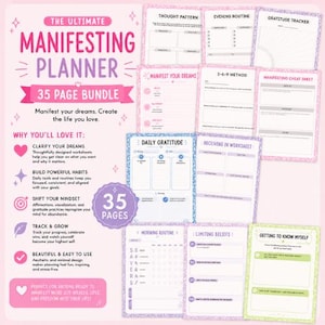 Peut inclure: Un ensemble de 35 pages de planificateur de manifestation comprenant divers formulaires avec des titres tels que Thought Pattern, Evening Routine, Gratitude Tracker, Manifest Your Dreams, 3-6-9 Method, Manifesting Cheat Sheet et Daily Gratitude.