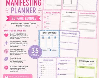 Manifestation Planner Bundle | 35 Page Printable PDF | Law of Attraction Journal | Vision Board Workbook